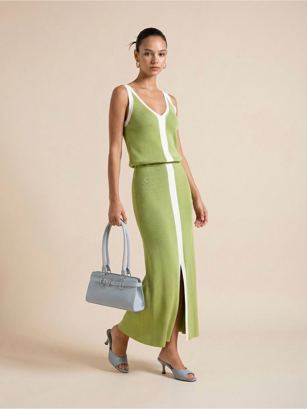 Commense Lime Green Maxi Knit Dress with White Center Stripe